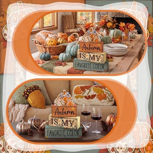 Lineshading 4 Pcs Fall Table Decor Wooden Pumpkins, Autumn Block Signs