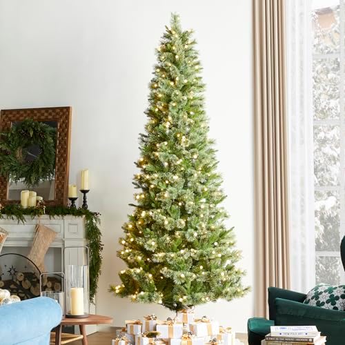 Glitzhome Prelit Christmas Tree, 9ft Artificial Christmas Tree Green Charming Cashmere Slim Pine with 450 Warm White and Multi-Color Globe LED Lights, 9 Function w/Foot Pedal and Remote Control