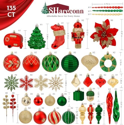 SHareconn 135Pcs Christmas Tree Ornaments Set, Christmas Tree Decorations