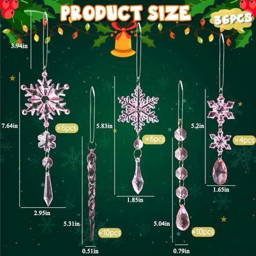 36pcs Crystal Christmas Ornaments for Tree Decorations, Pink Hanging Acrylic Snowflake Icicle Star Ornaments with Drop Pendants for Winter Wonderland Chandelier Crystals Decorations Supplies