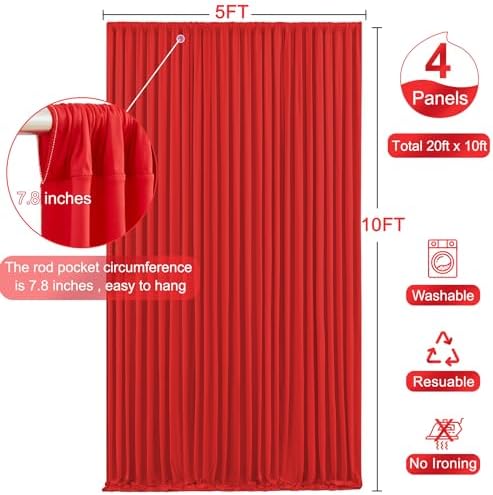 4 Panels Red Backdrop Curtain for Parties Wedding Wrinkle Free Red Photo Curtains Backdrop Drapes Fabric Decoration for Birthday Party Baby Shower Christmas 20ft(W) x 10ft(H)