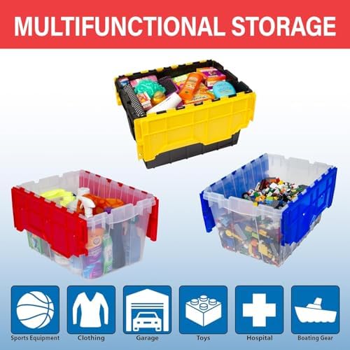 Akro-Mils 66486 12-Gallon Plastic Stackable Storage KeepBox Tote Container with Attached Hinged Lid, 21-1/2-Inch x 15-Inch x 12-1/2-Inch, Black/Yellow