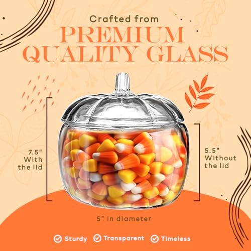 HOMESPHERE 70 oz. Glass Pumpkin Candy Jar with Lid – Large Storage Container for Halloween Treats, Candies and Cookies and Fall Décor Display