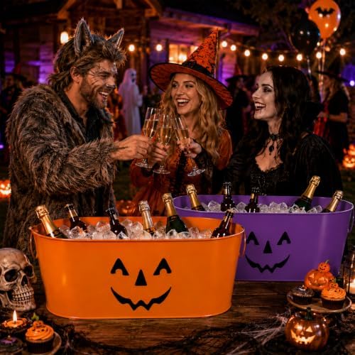 2Pcs 5.5 Gal Halloween Galvanized Beverage Ice Buckets,Halloween Candy Bowl