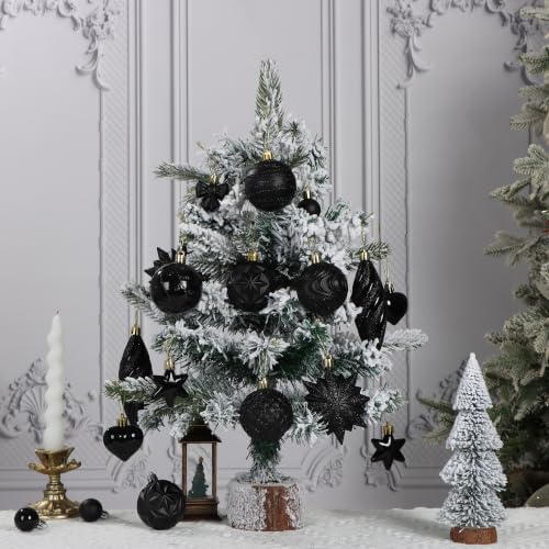 82Pcs Christmas Tree Ornaments Set,Shatterproof Christmas Decorations for Tree Assorted Plastic Craft Baubles Snowflake Ball Ornaments with Durable String for Holiday Party Decor (Black)