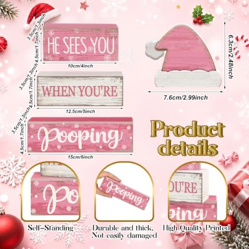 Moucuny 4 Pcs Funny Christmas Bathroom Decor Pink Santa Hat Wooden Signs