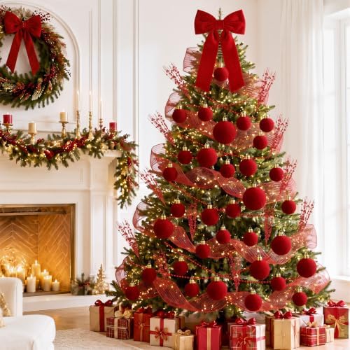 56 Pcs Christmas Tree Decorations Bow Topper Ornaments Flocking Balls Red Berry Picks Webbing Beaded Necklace Christmas Tree Hanging Ornaments for Xmas Home Office Decorations