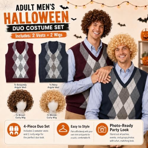 Halloween Cosplay Costume with Afro Fluffy Wigs, Thick Argyle Sweater Vests