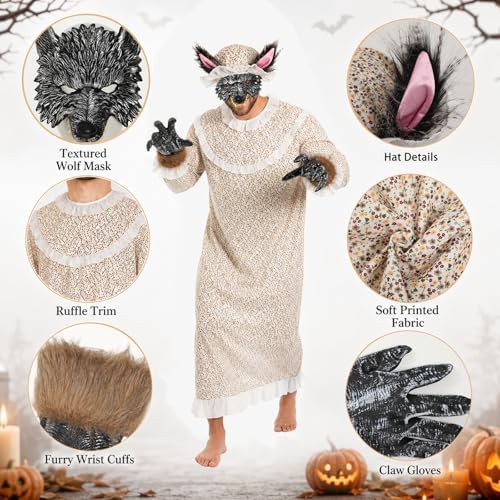 Adult Granny Wolf Costume Big Bad Wolf Outfit Halloween with Hat Mask