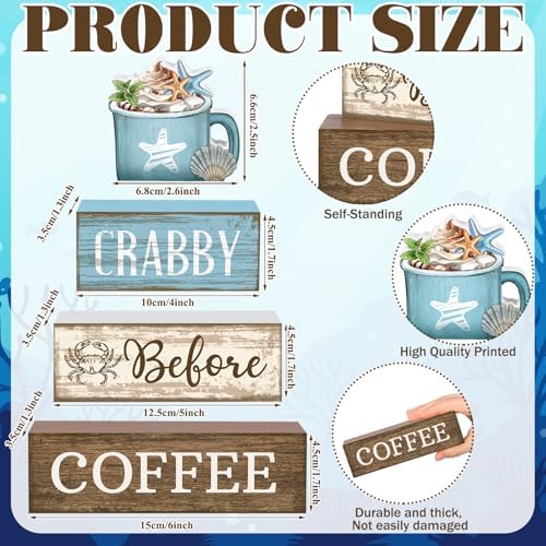 Lineshading 4 Pcs Coffee Beach Decor Wooden Blocks, Coastal Tiered Tray