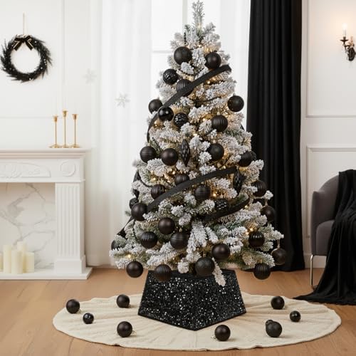 XmasExp Christmas Tree Collar, 24 inch Sequin Halloween Tree Skirt Stand Base Cover for Home Decor, Medium Size 4 Piece Black