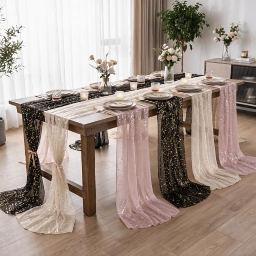 Artoid Mode 3PC Beige Black Pink Gauze Table Runner 120 Inch 10FT, Glitter Metallic Foil Sheer for Wedding Anniversary Holiday Birthday Home Party Decor