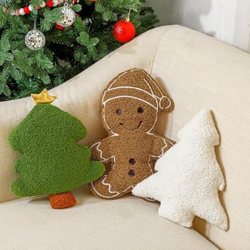 Konohan 3 Pcs Christmas Gingerbread Pillows Green Vintage Tree Man Plush
