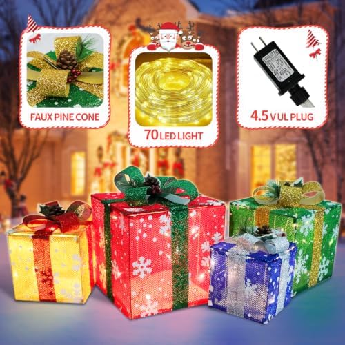 DomKom Set of 4 Christmas Lighted Gift Boxes, 70 Led Light Up Colorful Iron Frame Present Box with Pine Cones Bows for Xmas Tree Party Yard Holiday Indoor Outdoor Decoration