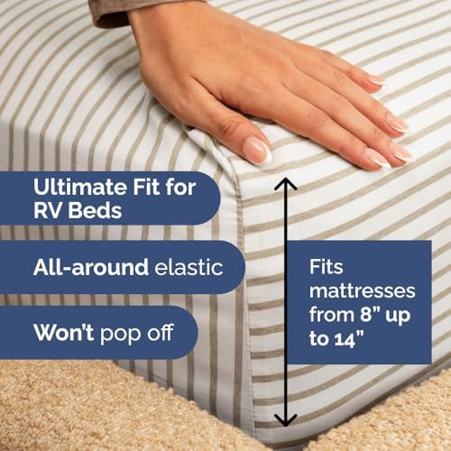 Short Queen Size 4 Piece Bed Sheet Set - RV Short Queen - Beige Stripes