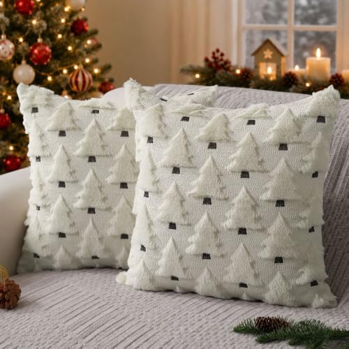 Allorry Christmas Pillow Covers 18x18 inch Set of 2 Christmas Decorations Soft Plush Faux Fur Wool Cream White Christmas Tree Throw Pillow Cases Winter Holiday Decor for Sofa Living Room PT-002D18
