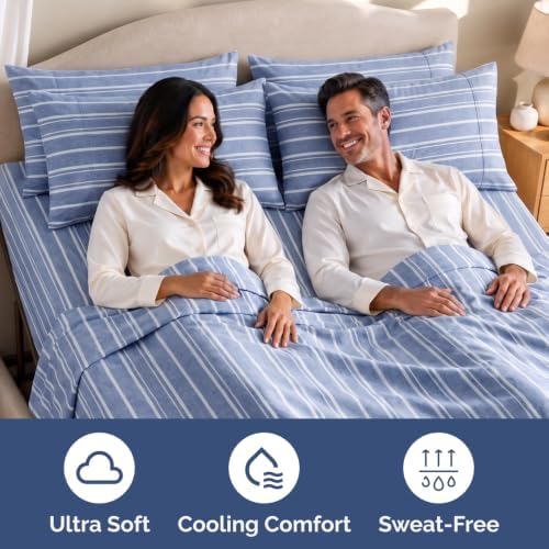 Flex Top Split Head King 4 Piece Sheet Set - Soft & Cooling - Blue Stripes