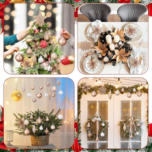 CroBlissful 118 Pcs Christmas Tree Ornaments Set Including Ornaments Balls, Hanging Snowflakes Icicle, Mesh Ribbon, Tree Top Star, Flower, Berries Stems for Xmas Trees Holiday Decor (Champagne)