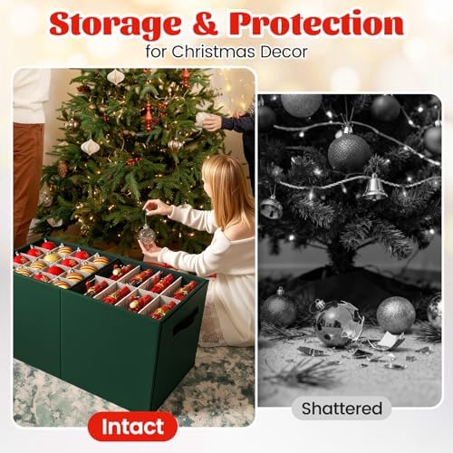 Christmas Ornament Storage Box - Ultra Large Drawer Ornament Organizer with 8 Separate Trays & Adjustable Dividers, Portable Ornaments Box with Cover & Handle for Holiday Decorations(Green)