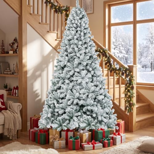 HAPPYGRILL 7.5 Feet Flocked Christmas Tree Artificial Xmas Tree with 1010 PVC Branch Tips, Hinged Xmas Tree Life-Like Seasonal Holiday Tree for Home Office