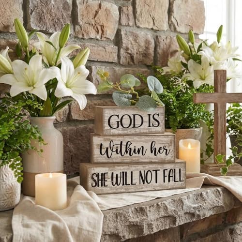 Lineshading 4 Pcs Christian Table Decor Farmhouse Faith Wooden Blocks Signs