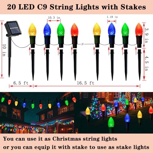 Solar Christmas Pathway Lights, 20 LED C9 String Lights with 20 Stakes, 23FT Solar Powered Multicolored Decorations for Roof, Yard, Patio, Walkway, Driveway