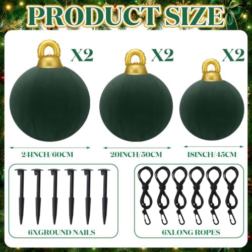 Jenaai 6 Pcs Dark Green Giant Velvet Christmas Inflatable Ball Ornament