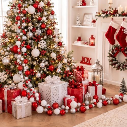 2 Pcs 9 ft Christmas Ball Ornament Garland, Red, White, Silver