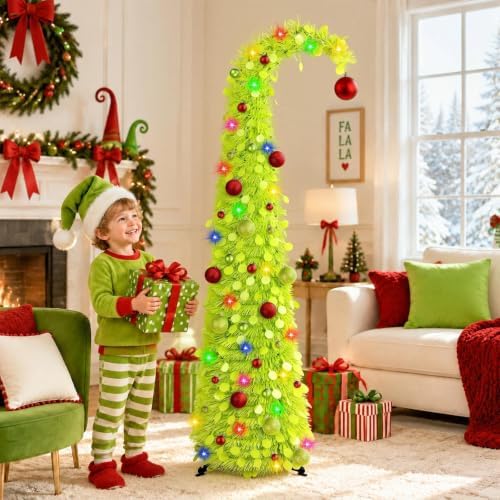 N&T NIETING Whimsical Pop Up Christmas Tree with Lights & 31 Balls, 5Ft Collapsible Tinsel Tree Decorations for Holiday Home Office Decor, Green