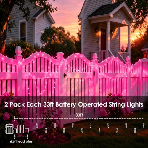 2 Pack 200 LED Battery Operated String Lights, Twinkle Fairy Lights Pink