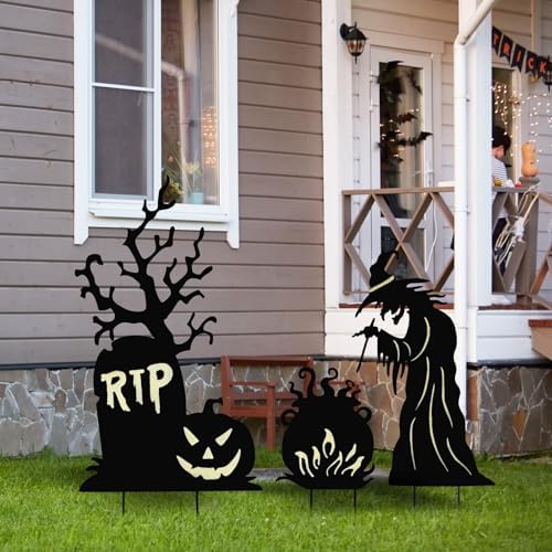 BRIGHTDECK 3 Pcs Halloween Witch Yard Signs Metal Stakes Outdoor Decoration