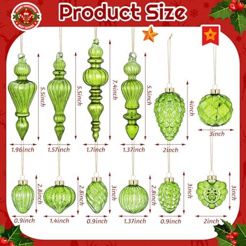 Vercraft 20 Pcs Vintage Mercury Glass Finial Christmas Ornament, Lime Green