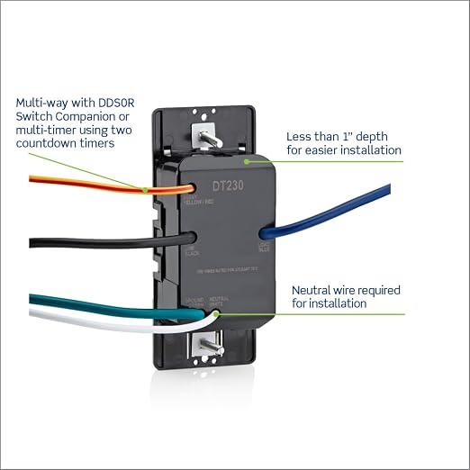 Leviton Countdown Switch for bathroom household lights, 5-10-15-30 min, Neutral Wire Required, 20A, 1HP/16A Fan/Motor, Single Pole, Multi-Way or Multi-Timer, DT230-1LW, White