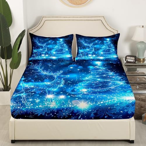 Christmas Tree Bed Sheet Set Kids Blue Girly Glitter Sheets Set 4pc Shiny Reindeer Microfiber Soft Bedding Set,1 Flat Sheet,1 Deep Pocket Fitted Sheet,2 Pillow Cases（Queen Size）