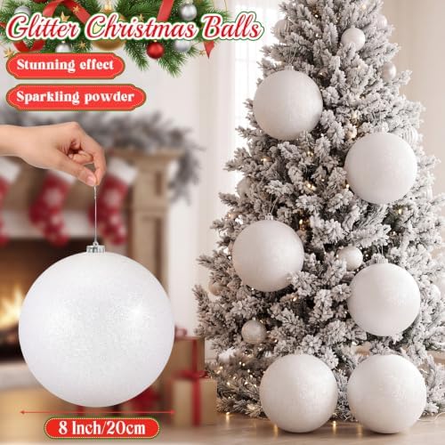 Zubebe 8 Inch 4 Pack Glitter White Christmas Ball Ornaments, Plastic Hanging Ornaments for Tree Decorations, Large Hanging Holiday Baubles for Christmas Tree Winter Party Wedding Home Decor