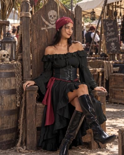 Pirate Costume Women, Renaissance Dress with Corset Belt, 4-Piece