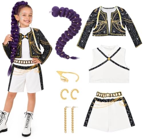 Girls Halloween Costume, Pop Singer Costume, Top Pants with Purple Braid for Cosplay Birthday Party, 4-12 Years
