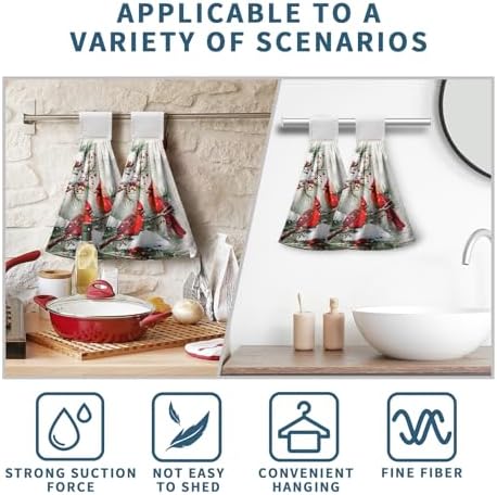 Winter Red Birds Kitchen Towels with Hanging Loop Cardinal Snow Pine Holly Christmas Hand Tie Towels Fast Drying Dish Washcloth Soft Absorbent Fingertip Bath Towel for Bathroom Decor Set of 2