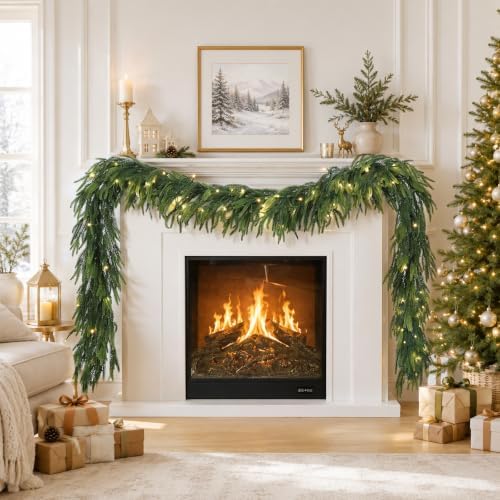 N&T NIETING 9FT Christmas Norfolk Pine Pre-Lit Garland with 70 LED Lights Real Touch Prelit Garland Christmas Greenery Garlands for Table Mantle Fireplace Stairs Indoor Outdoor Xmas Decorations