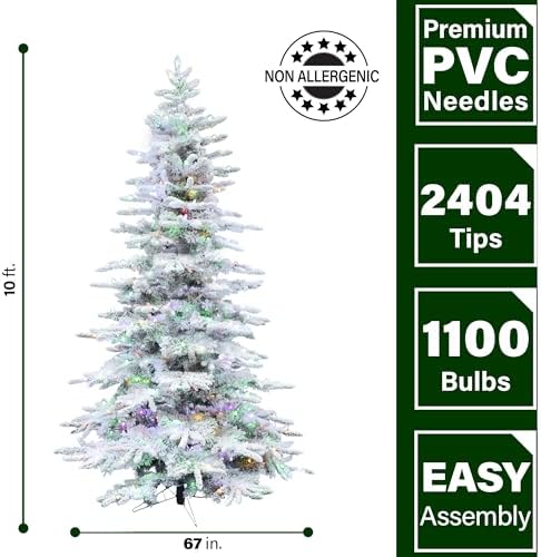 Fraser Hill Farm 10-Ft Mountain Pine Flocked Christmas Tree with Dual LED