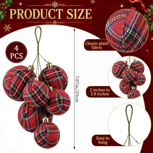 Roowest 4 Sets Buffalo Plaid Glitter Christmas Ball Clusters Ornament Decor