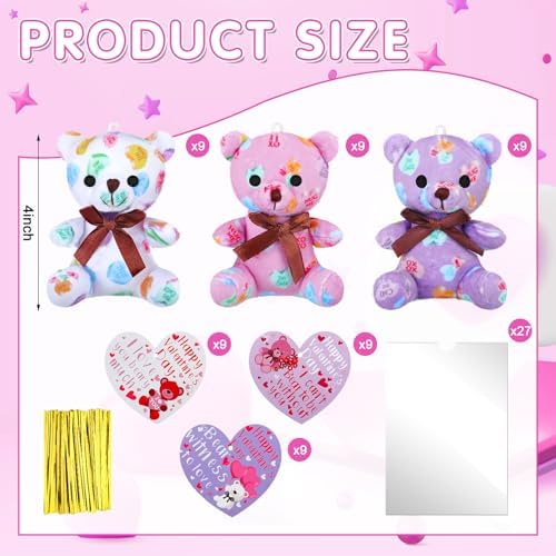 Poen 18 Pack Valentines Day Bears Bulk with Heart Cards Mini Valentine Stuffed Animal with Heart Love Pattern Bears Toys Keychains for Kids Boy Girl Classroom Exchange Gifts Prize