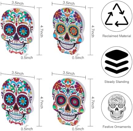 DECSPAS Day of the Dead Decor, 4 PCs Wood Block Sugar Skulls Dia De Los Muertos Decorations, Wooden Skeleton Tiered Tray Decor for Altar, Ofrenda, Home, Table, Mantle, Mexican Fiesta