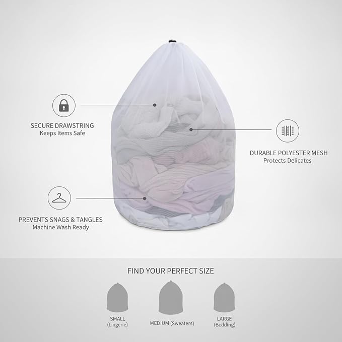 Laundry Mesh Bag with Drawstring, Polyester Net for Delicates, Lingerie, and Knits, White (1 PC)