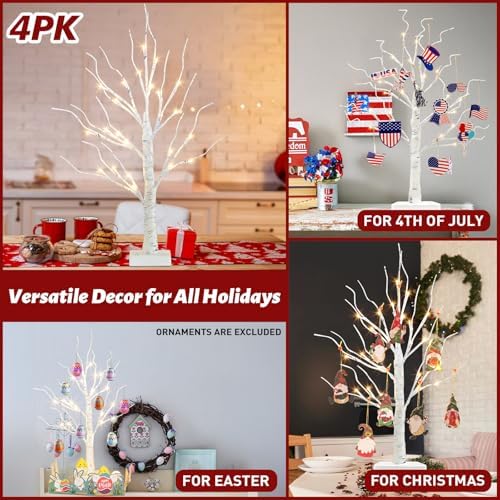 PEIDUO Christmas Decorations for The Home, 2FT BirchTree with LED Lights, Warm White Tree Lamp, Fairy Light Spirit Tree for Room Inside Fireplace Home Decor, Battery Powered, Timer (4PK)