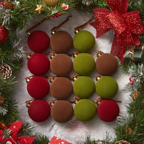 Brightown 15 Pcs Velvet Christmas Balls, 3.15 Inch Red Green Brown Velvet Ornaments for Christmas Tree, Christma Tree Flocked Ornaments Balls for Family Holiday Wedding Party Xmas Hanging Decoration