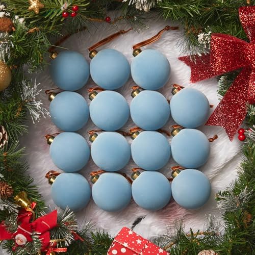 Brightown 15 Pcs Light Blue Velvet Christmas Balls, 3.15 Inch Velvet Ornaments for Christmas Tree, Christma Tree Flocked Ornaments Balls for Family Holiday Wedding Party Xmas Hanging Decoration