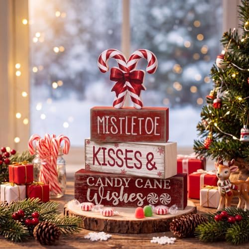 Lineshading 4 Pcs Christmas Table Decorations Wooden Candy Cane Decor Christmas Centerpiece Rustic Winter Tiered Tray Decor Red and White Candy Cane Block Signs Gift Xmas Decoration for Home Decors