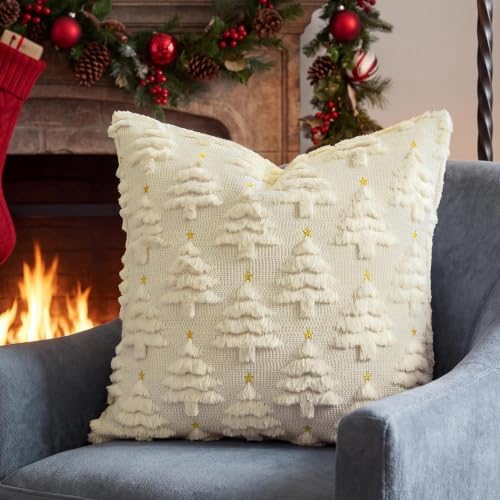 Softalker Christmas Pillow Covers 16x16 Set of 2, Beige Xmas Tree Decor