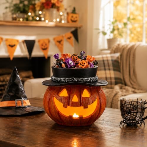 Light Up Pumpkin Candy Bowl for Halloween with Batteries Included
